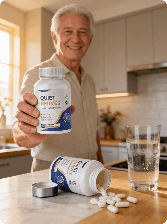 Quiet Nerves nerve health supplement bottle, elderly smiling man holding white supplement bottle wit
