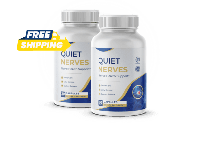 2 Quiet Nerves supplement bottles navy blue and gold label nerve health product shot white backgroun